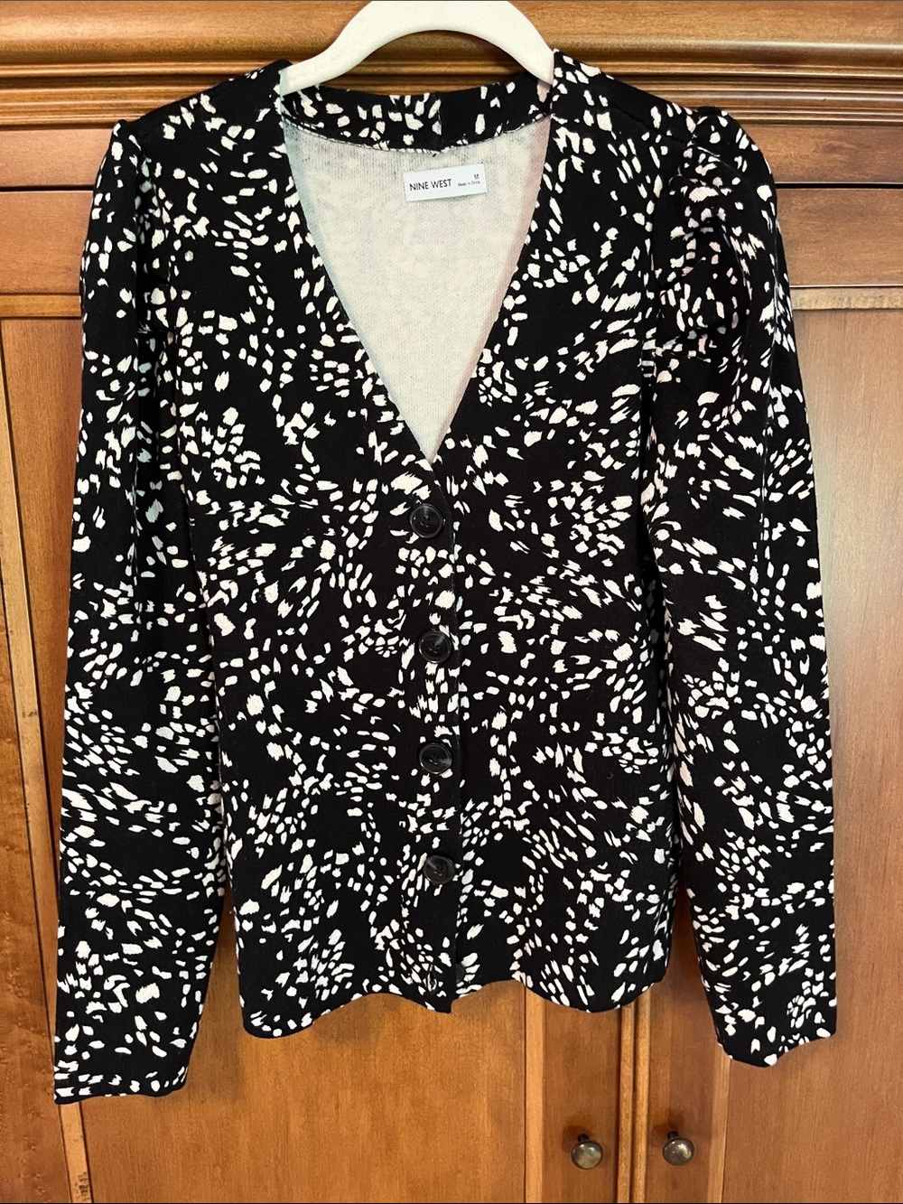Nine West Black and White Button-Front Printed cardigan Sweater